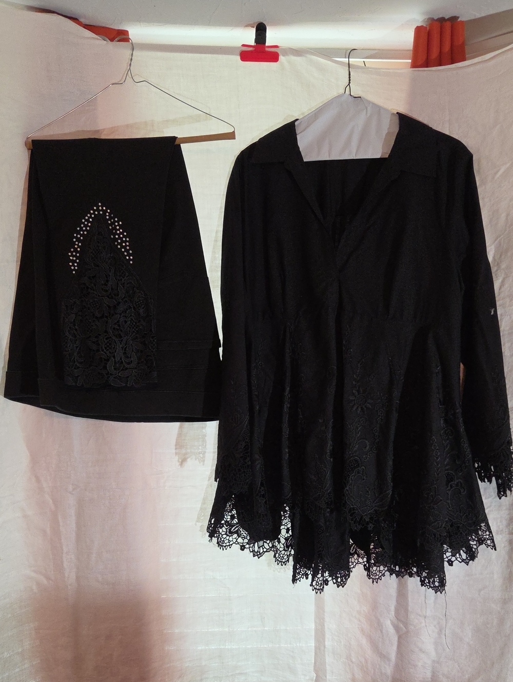 Roaman's Black A-Line Lace-Trim Pant Set